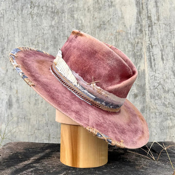 Distressed Fedora with Short Woolen Brim and Feather Adornments