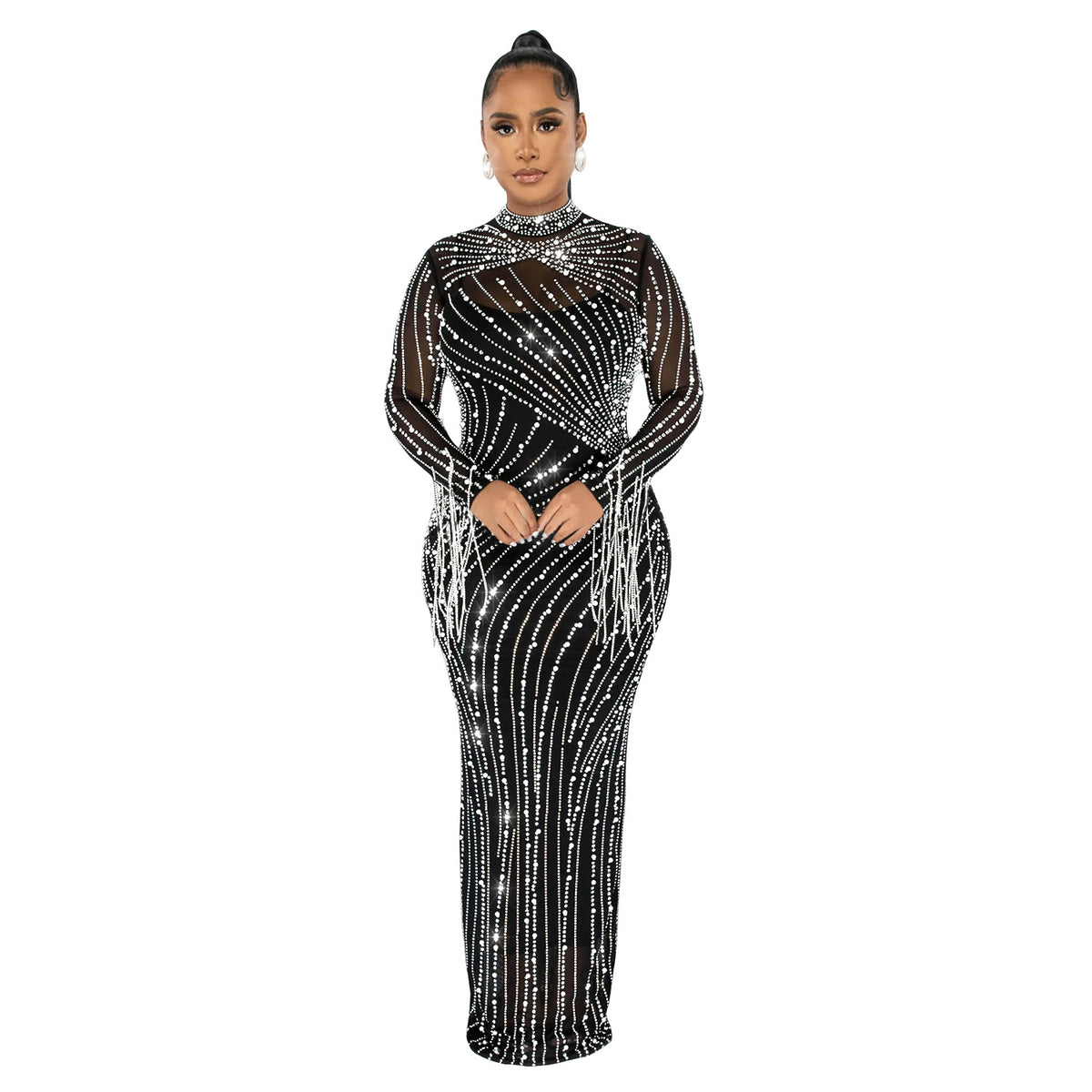 Long flared sleeve sheer mesh ruffle slit maxi dress