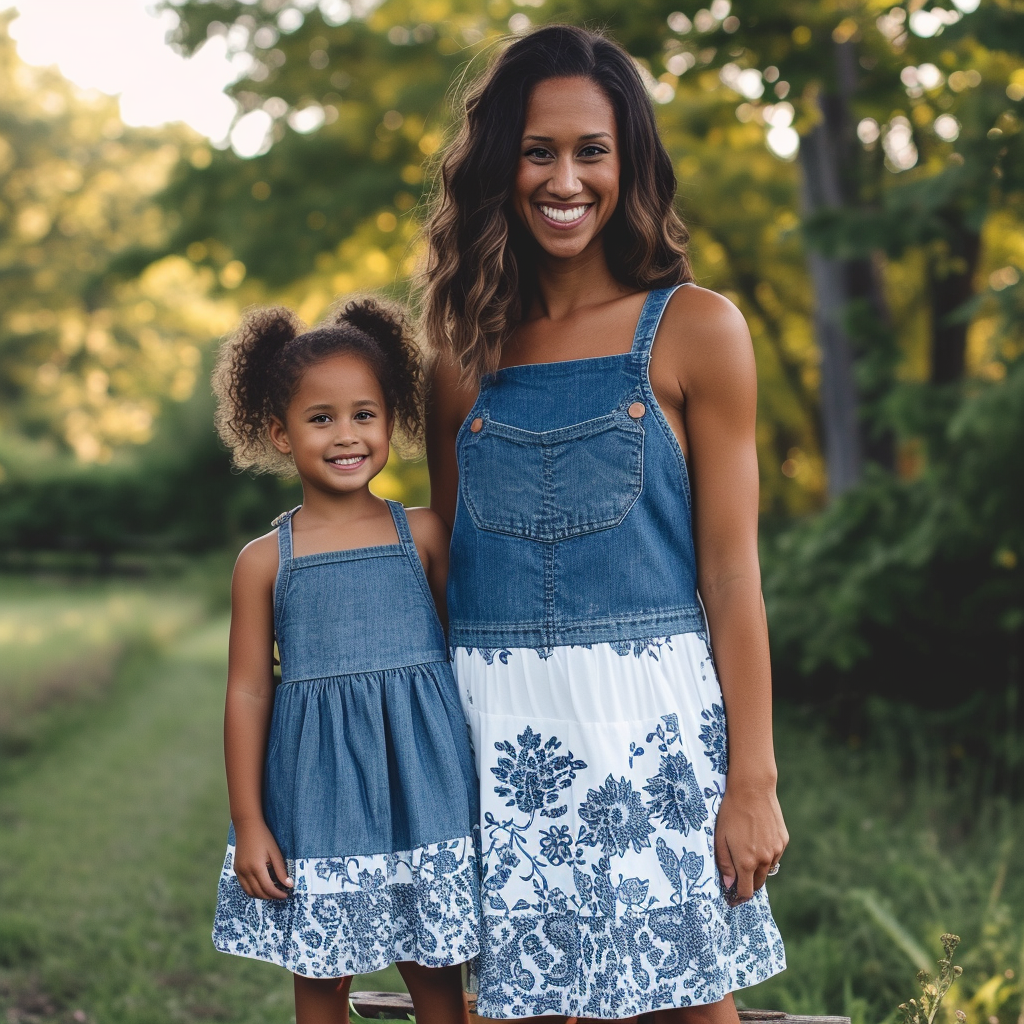 Mother and Daughter Matching Denim Patchwork White Floral Print Dresse