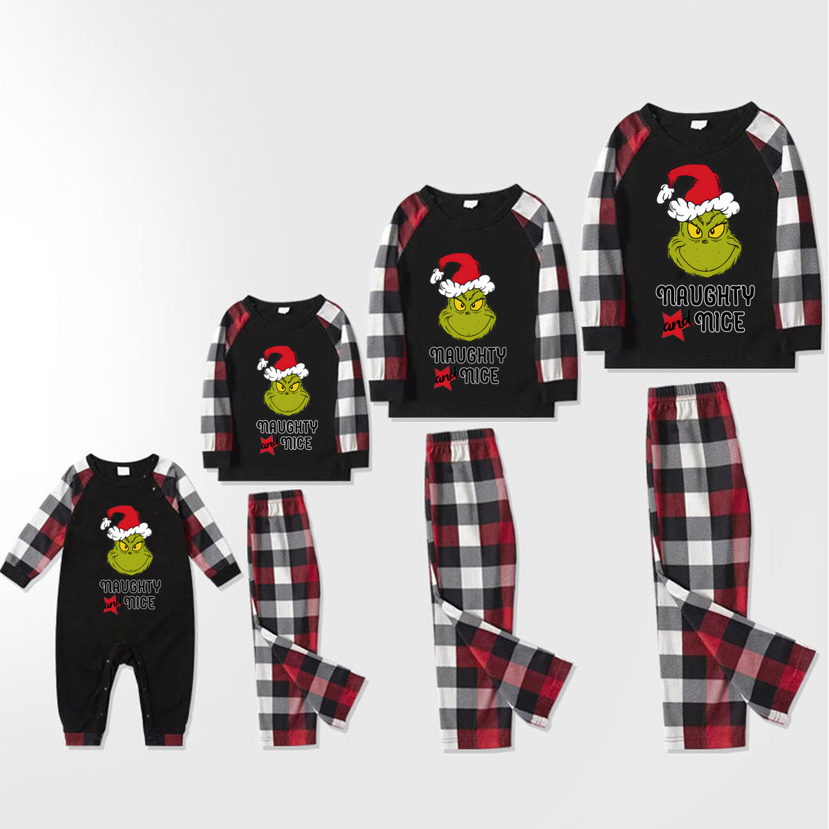 Christmas "Naughty&Nice" Letter Print Patterned Casual Long Sleeve Sweatshirts Contrast Tops and Red & Black & White Plaid Pants Family Matching Pajamas Set With Pet Bandana