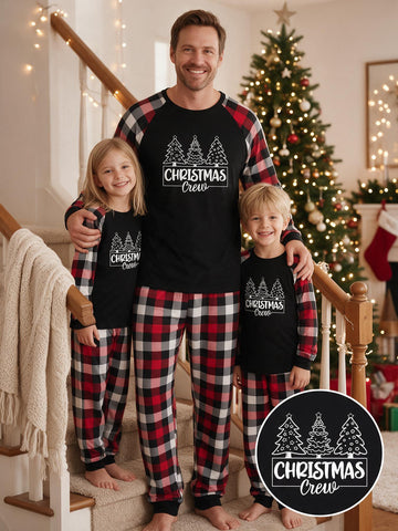 Family Matching Christmas Pajamas Set Christmas Crew 3 Trees Print Black Raglan Top Red White Buffalo Plaid Long Pants Matching Loungewear For Family Holiday Photos