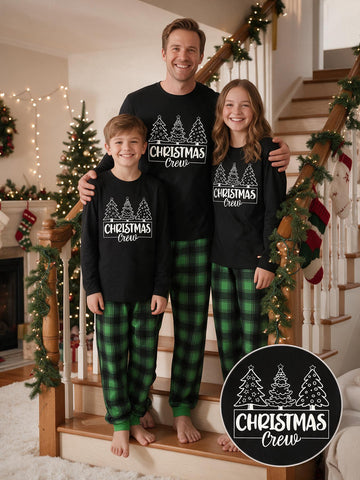 2 PCS Family Matching Christmas Pajamas Set Christmas Crew Tree Graphic Long Sleeve Top Green Plaid Pants Casual Family Matching Outfit For Holiday Indoor Lounging
