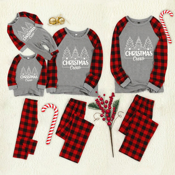 Family Matching Christmas Pajamas Set Christmas Crew Three Pine Tree Print Grey Red Buffalo Plaid Raglan Long Sleeve Top & Red Plaid Pants Loose Fit Matching Loungewear For Family Holiday Party & Xmas Gift