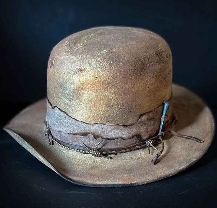 Distressed Fedora in Brown with Attached Accessory Wire Mesh Edge Decoration