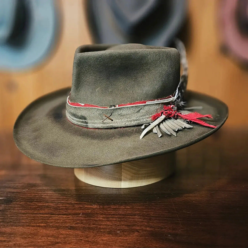 Distressed Fedora with Green-Black Ombre Short Frayed Red Ribbon Flowing