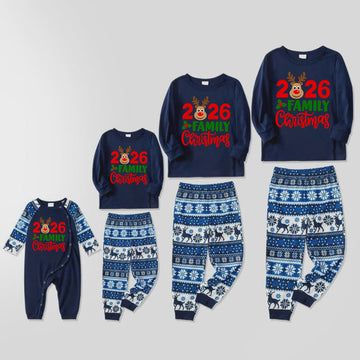 "2026 Family Christmas" Moose Letter Prints Blue Long Sleeve Family Matching Pajamas With Dog bandana