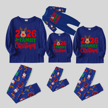 2026 Family Matching Christmas Pajamas -Navy Blue Top & Santa Print Pants
