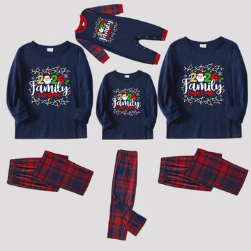Navy & Red Plaid Christmas Pajamas Set With Christmas Light and "2026 Family Christmas" Text Print