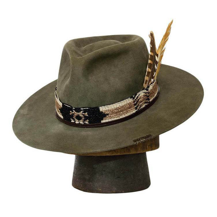 Rustic Rebel with Short Brim Green Color 2 Feathers Unique Band Loop