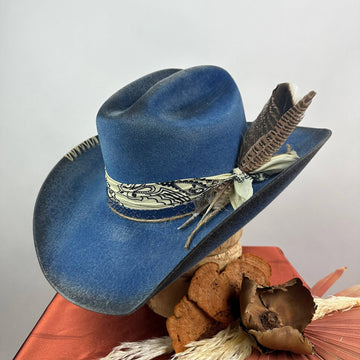 Distressed Fedora Adorned With Scarf Feather And Rope