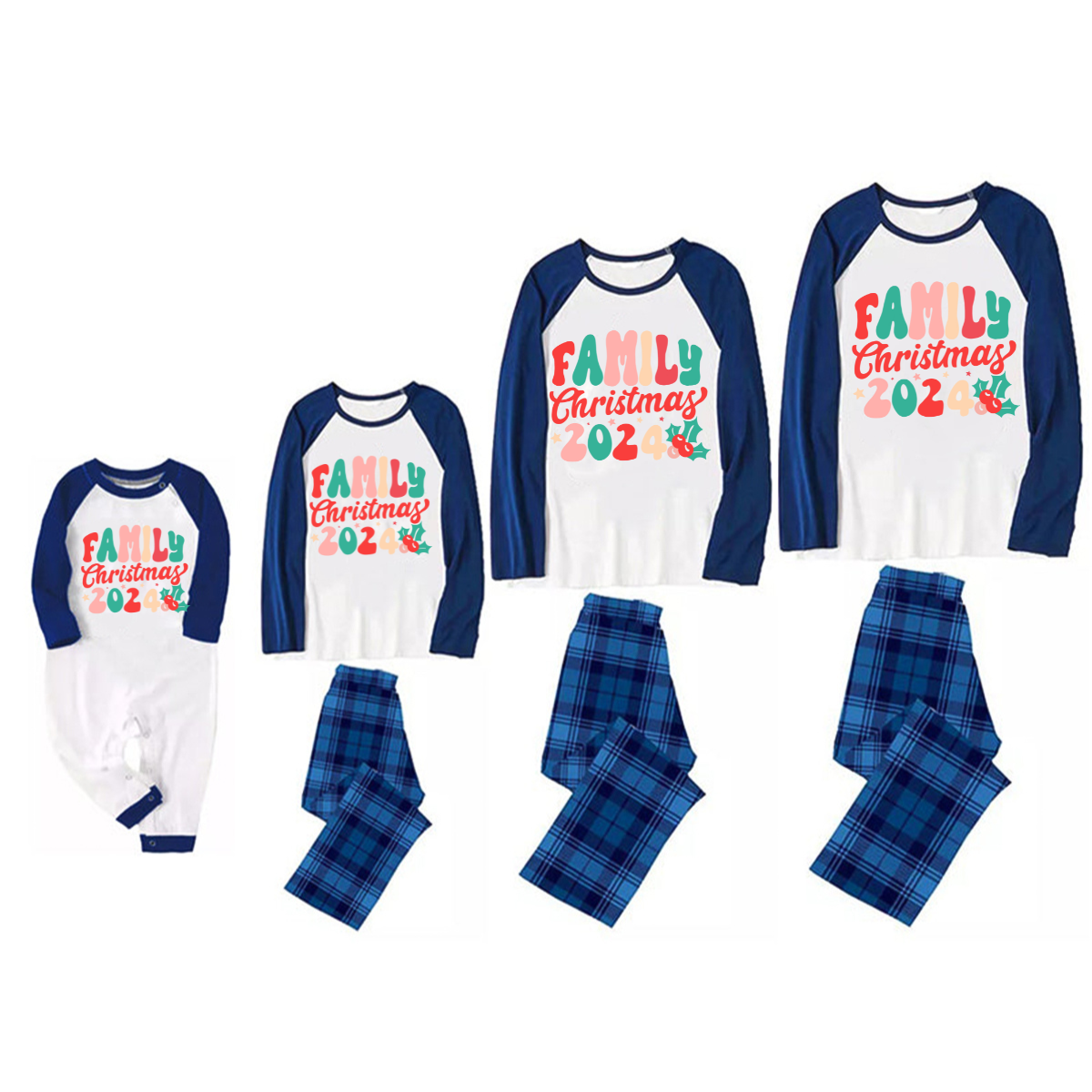 Christmas ‘ Family Christmas 2024’ Letter Print Patterned Casual Long Sleeve Sweatshirts Blue Sleeve Contrast Tops and Blue Plaid Pants Family Matching Pajamas Sets With Dog Bandan