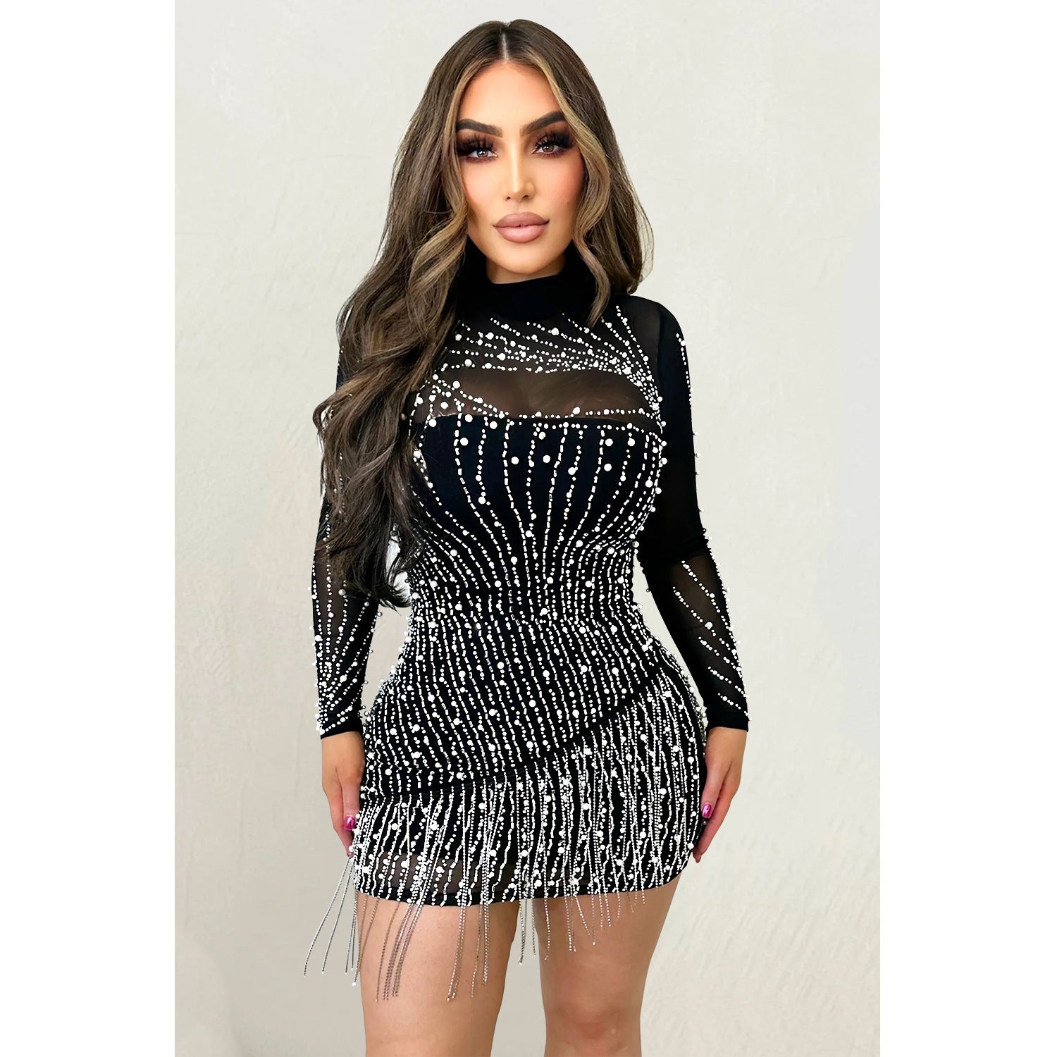 Fashionable Long Sleeve Mesh Net Embellished Beaded Short Sparkly Dress