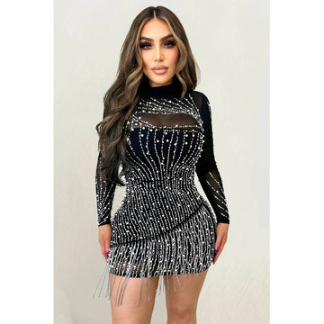 Fashionable Long Sleeve Mesh Net Embellished Beaded Short Sparkly Dress