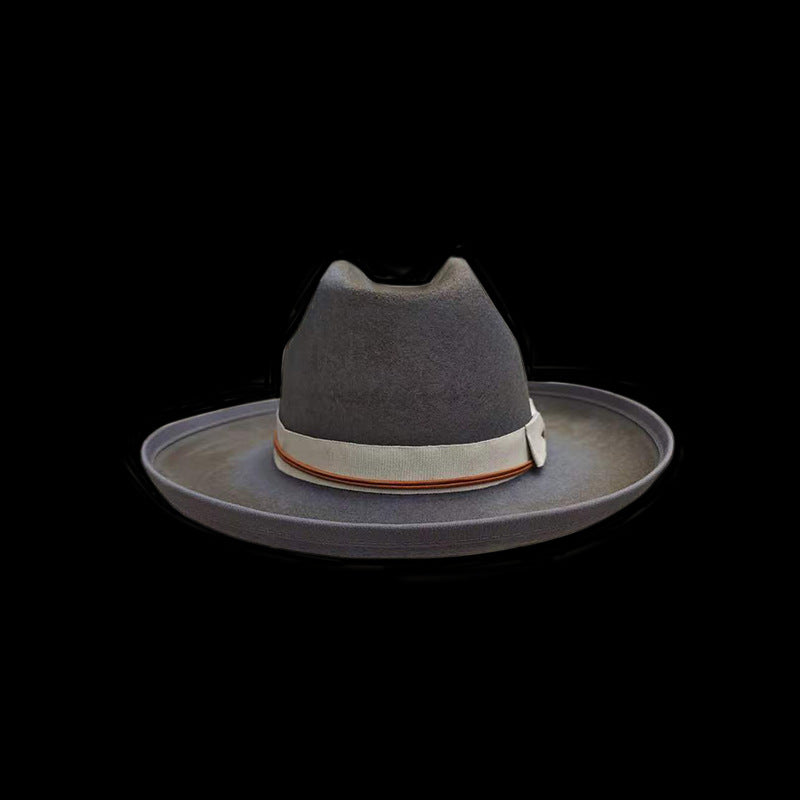 Distressed Fedora in Dark Brown with Red Band around the Edge Tied with White Cord
