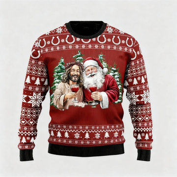Jesus & Santa Clause Print - Red Holiday Icon Sweater
