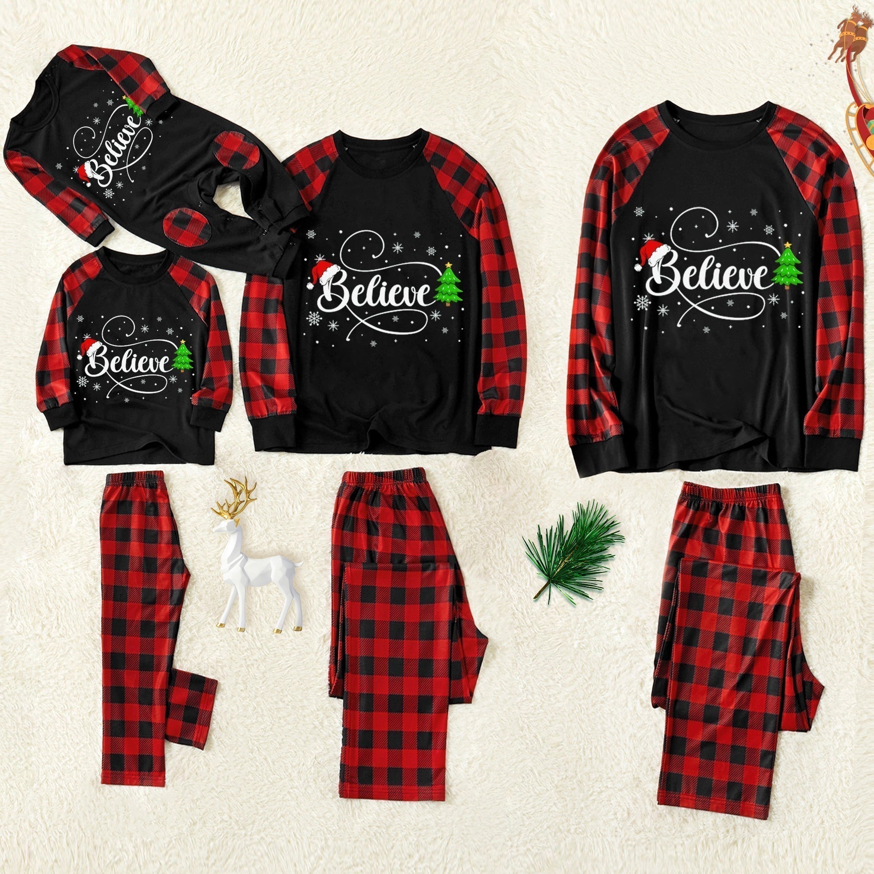 Christmas Hat and Snow Patterned Believe Letter Print Patterned Contrast Black top and Black & Red Plaid Pants Family Matching Pajamas Set