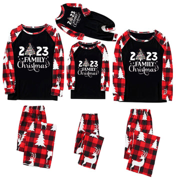 Christmas Long Sleeve Family Christmas 2023 Letter Print Black and Red Plaid Family Pajama Set