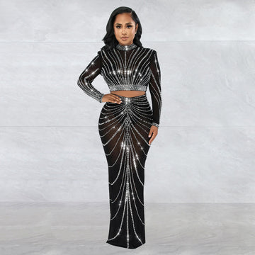 Fashionable Sheer Mesh Rhinestone Perspective Long Sleeve Sparkly Dress Set - Two Pieces