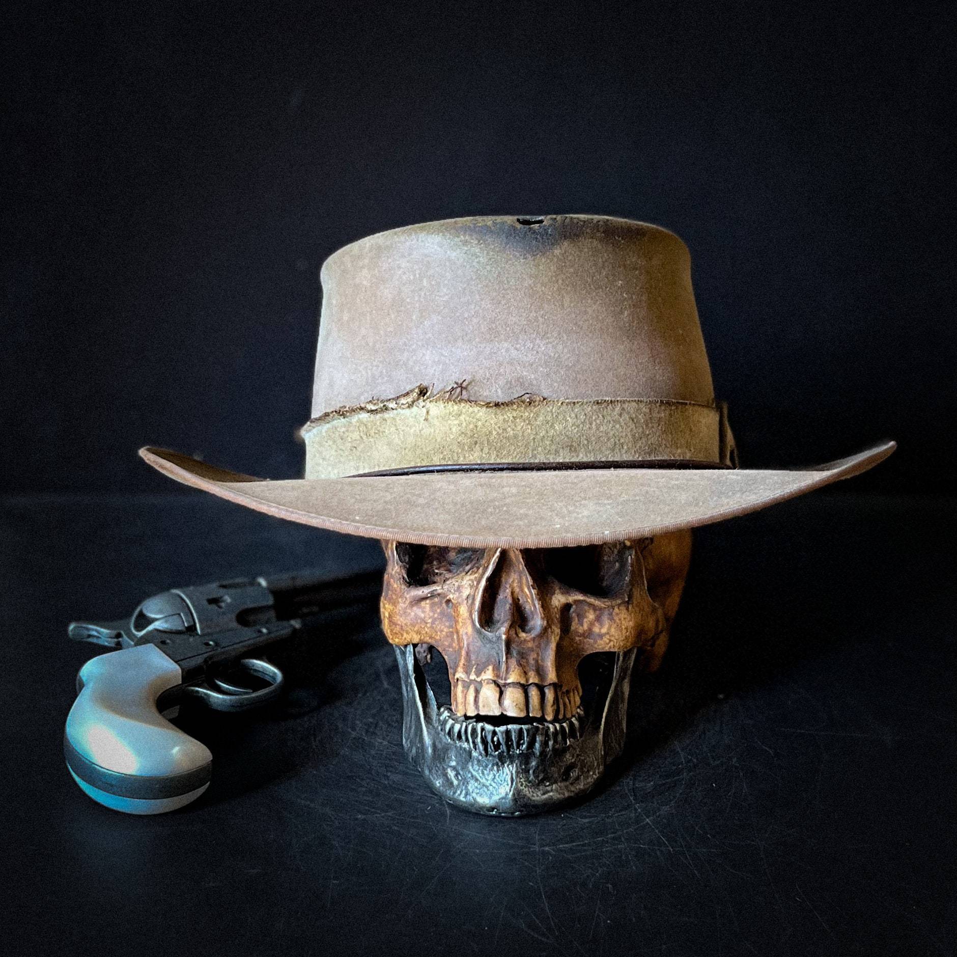 Distressed Fedora with Brown Hat Golden Rope Intertwined White Threads