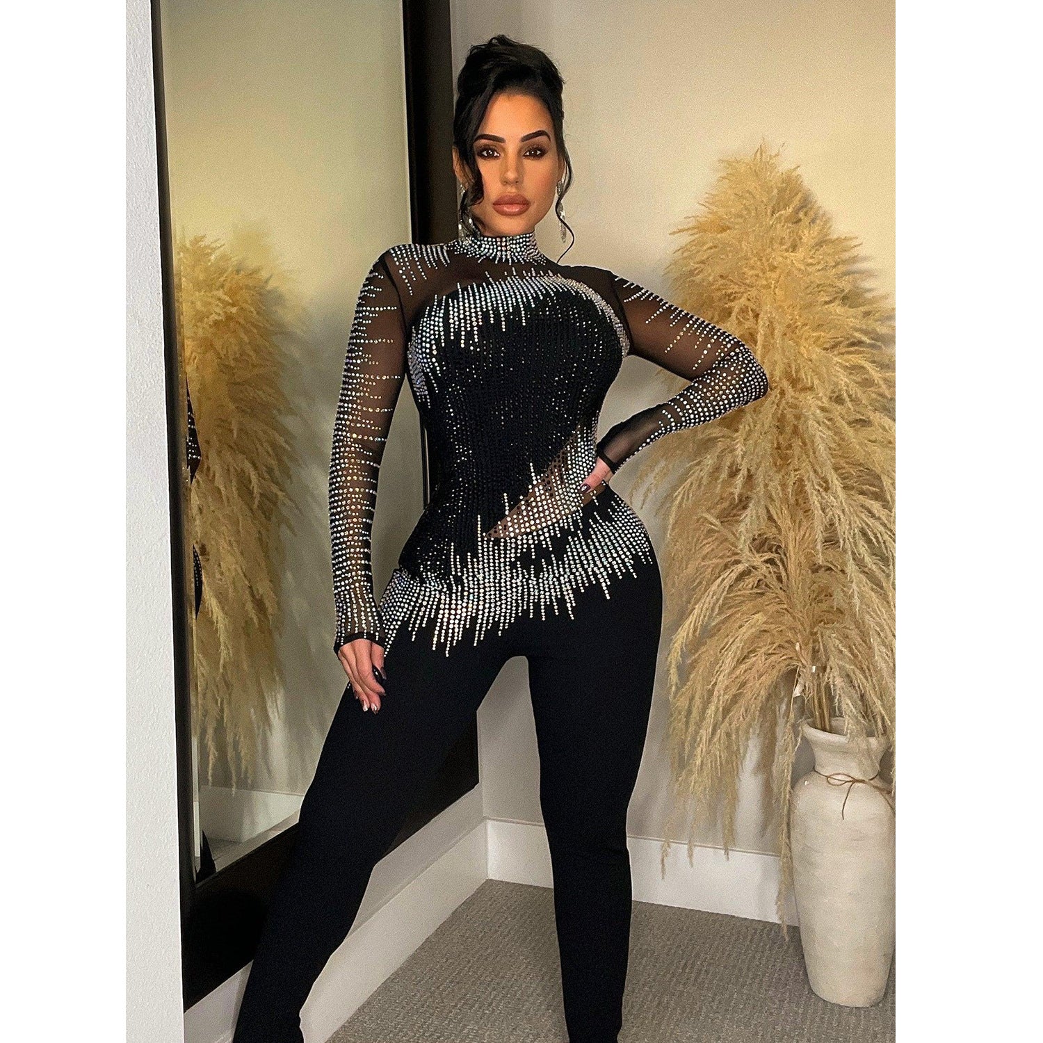 Fashionable Women's Solid Color Mesh Sequined Long Sleeve Sparkly Jumpsuit