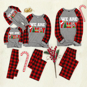 Christmas "We Are Family" Letter Print Contrast top and Plaid Pants Family Matching Pajamas Set With Dog Bandana