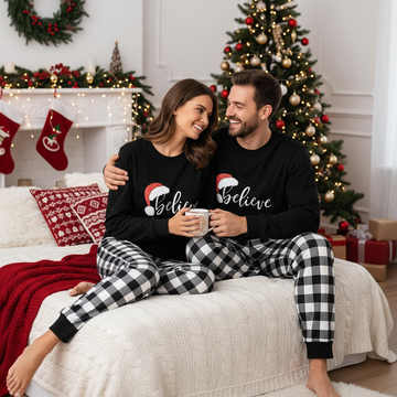 Christmas Hat and ‘Believe“ Letter Print Patterned Couple Black & White Plaid Pajamas Set