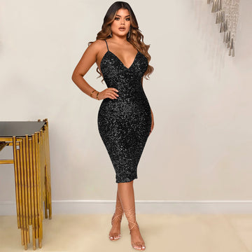 Sultry Sequin-Embellished V-Neck Midi Slip Sparkly Dress in Solid Color