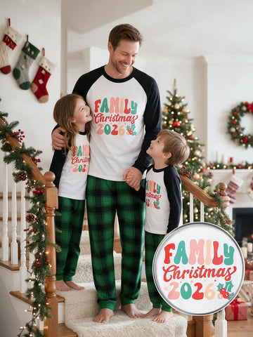 Family Matching 2026 Christmas Pajamas Set Colorful Family Christmas Letter Print Raglan Long Sleeve Top & Green Plaid Pants Cute Matching Sleepwear for Family of 3 Great for Holiday Photos and Christmas Morning Gift Opening