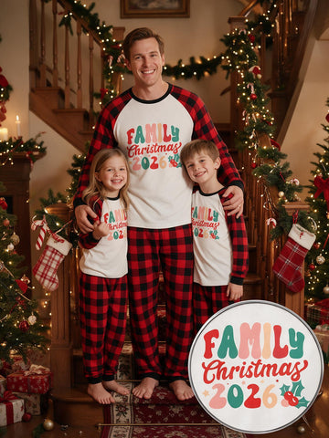 Two Piece Set Family Matching Christmas Pajamas Family Christmas 2026 Color Letter Print Raglan Top Red Black Plaid Long Pants Sleepwear For Family Xmas Photo