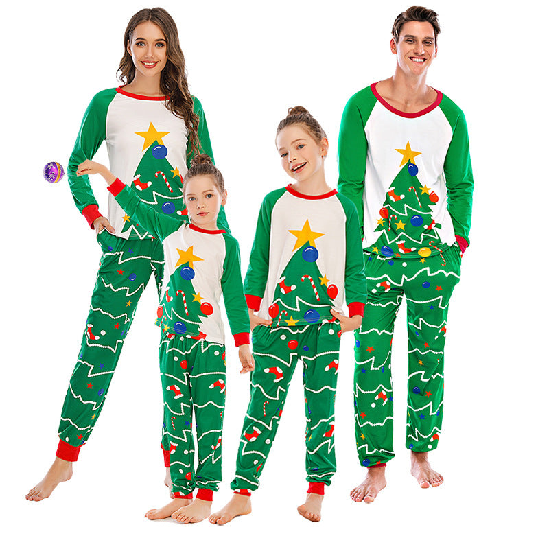 Christmas Tree Print Top with Green Pants and Festive Light Detail Pajama Set