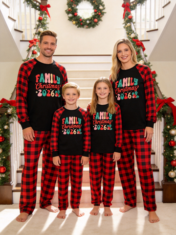 2026 Family Christmas Matching Pajamas Set, Buffalo Plaid Raglan Long Sleeve Printed Top, Plaid Pants With Pockets Holiday Family Sleepwear