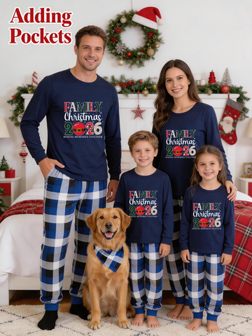 Family Christmas 2026 festive Prints Contrast Blue Long Sleeve with Blue and White Plaid Pants Family Matching Pajamas