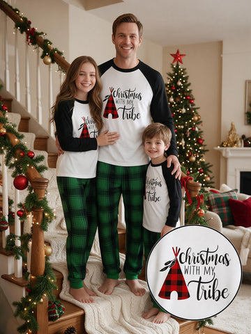 Family Matching Christmas Pajamas Set Christmas With My Tribe Teepee Graphic Raglan Long Sleeve Top & Green Plaid Pants Cute Matching Sleepwear for Family of 3 Ideal for Holiday Portraits and Christmas Eve Party