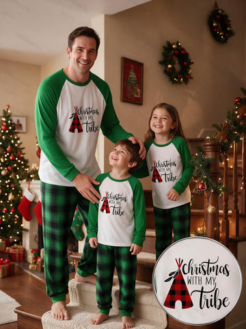 Two Piece Set Family Matching Christmas Pajamas Christmas With My Tribe Red Plaid Tent Print Raglan Top Green Plaid Long Pants Holiday Sleepwear