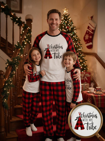 Two Piece Set Family Matching Christmas Pajamas Christmas With My Tribe Red Plaid Tent Feather Print Raglan Top Red Black Plaid Long Pants Sleepwear For Holiday Family Matching Set
