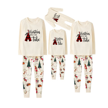 Beige Christmas Pattern Print Christmas Pajamas Set With Christmas Holiday Text Print