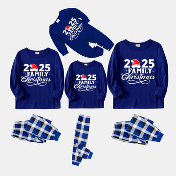 "2025 Family Christmas" Text Print Blue Long Sleeves with Blue&White&Black Plaid Pants Family Matching Pajamas