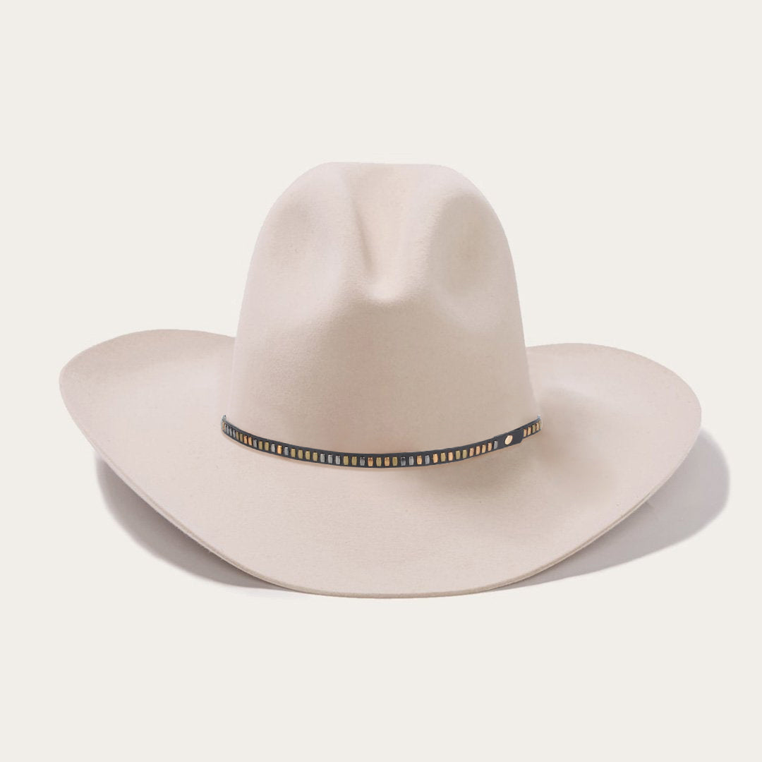 Classic Wide-Brim Beige Cowboy Hat with Unique Black-Blue Band