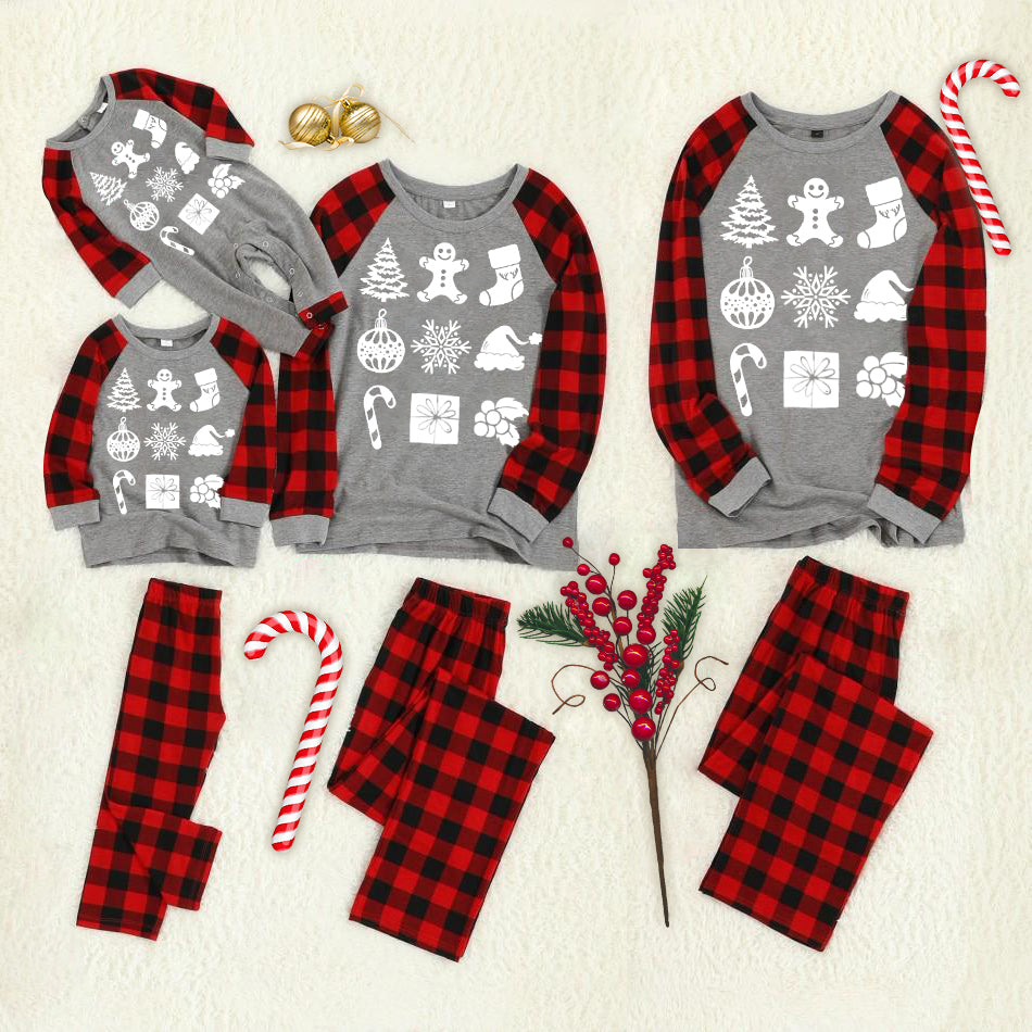 Christmas Ornament Pattern Patterned Grey Contrast top and Black & Red Plaid Pants Family Matching Pajamas Set With Dog Bandana