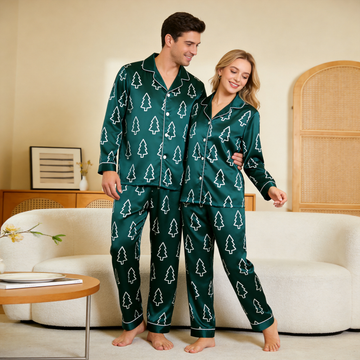 Pine Tree Satin Matching Pajamas for Couples – Long Sleeve Button-Down Top & Pants Sleepwear Set