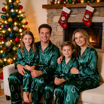 Emerald Green Satin Christmas Tree Outline Family Matching Pajamas Set Long Sleeve Button-Down Festive Sleepwear