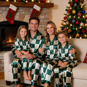 Green Satin Checkerboard Christmas Tree Family Matching Pajamas Set Long Sleeve Button-Down Festive Sleepwear