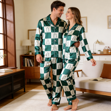 Pine Tree Satin Matching Pajamas for Couples – Long Sleeve Button-Down Top & Pants Sleepwear Set