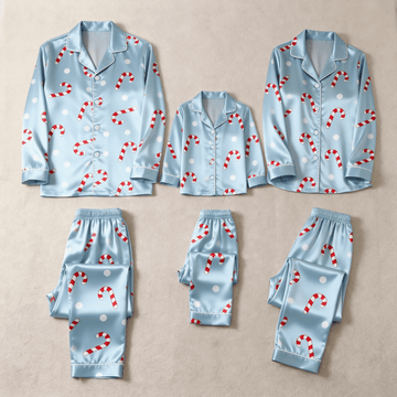 Blue Candy Cane & Polka Dot Satin Button-Up Family Christmas Pajamas Set