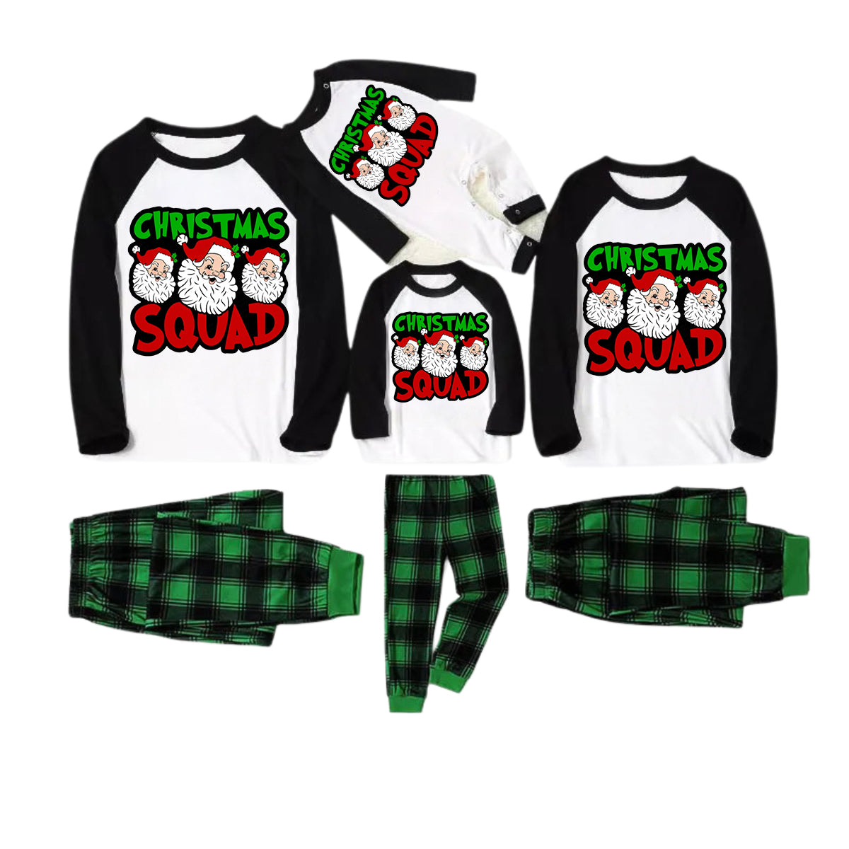 "Christmas Squad" and Santa Printed Green and Black Plaid Christmas Family Pajamas