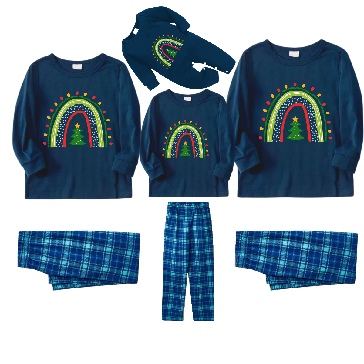 Christmas Light and Tree Printed Blue Long Sleeve Top With Blue Plaid Family Matching Pajamas