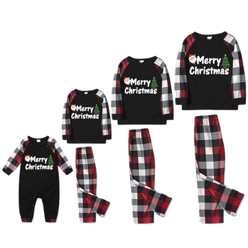 Cute 2024 and Santa Claus Prints Red & Black & Grey & White Plaid Family Matching Pajamas