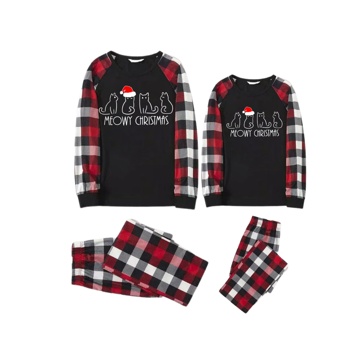 Christmas Cute Cat Prints Red & Black & Grey & White Plaid Couple Matching Pajamas