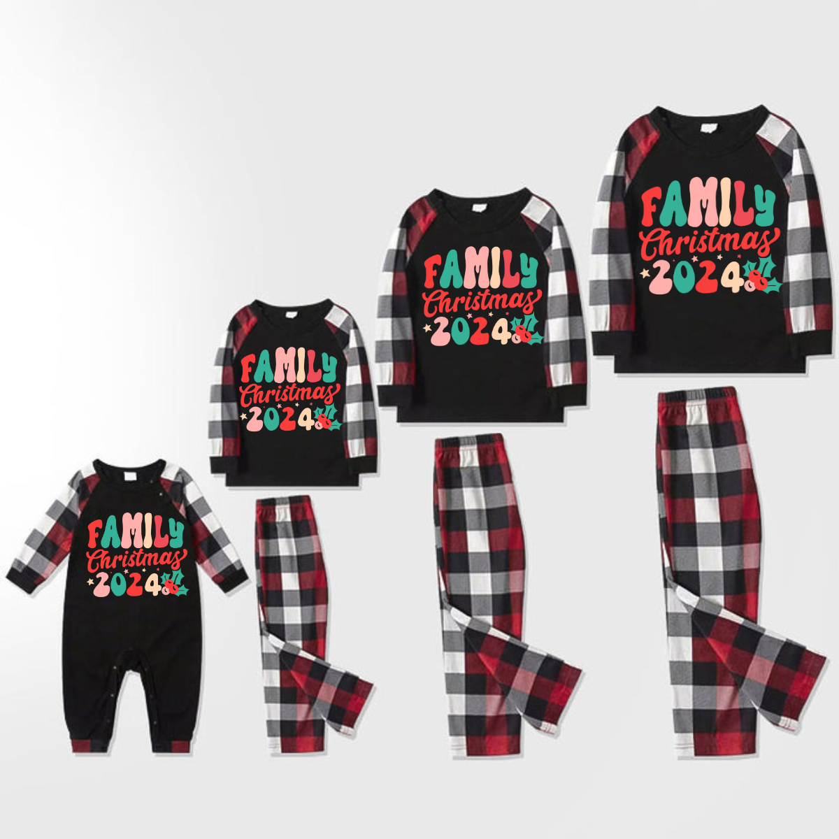 Christmas ‘ Family Christmas 2024’ Letter Print Patterned Casual Long Sleeve Sweatshirts Contrast Tops and Red & Black & White Plaid Pants Family Matching Pajamas Set With Dog Bandana