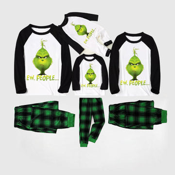 Christmas Cute Cartoon And 'Ew.People...' Letter Print Splice Contrast Top and Black and Green Plaid Pants Family Matching Pajamas Sets